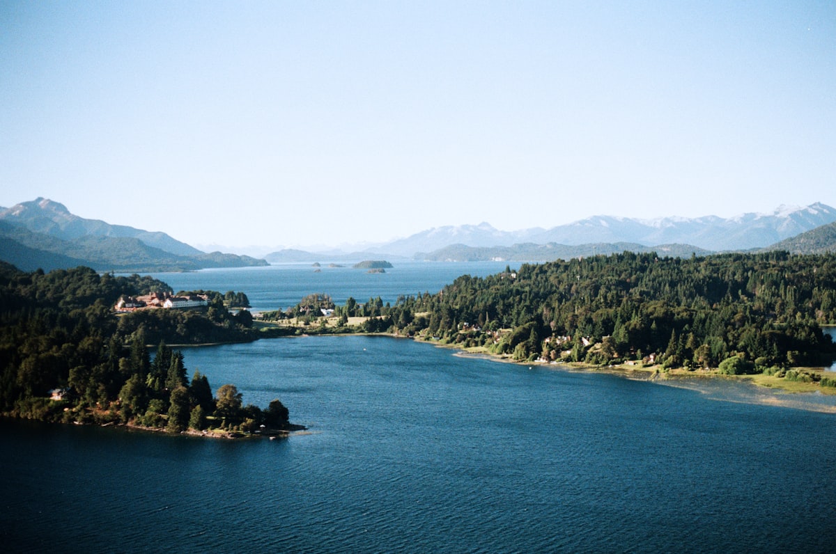 Aerial view of Nahuel Huapi Lake surrounded by Andean mountains near Bariloche, Patagonia, Argentina