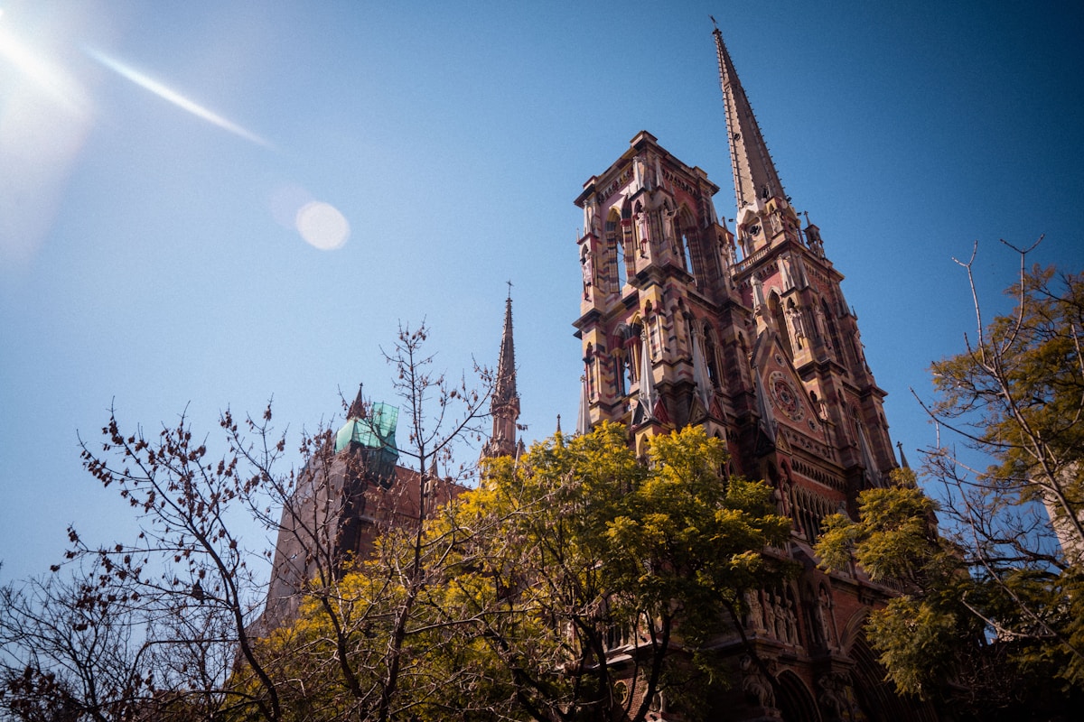 The neo-Gothic facade of La Plata Cathedral in the city's central plaza, Argentina