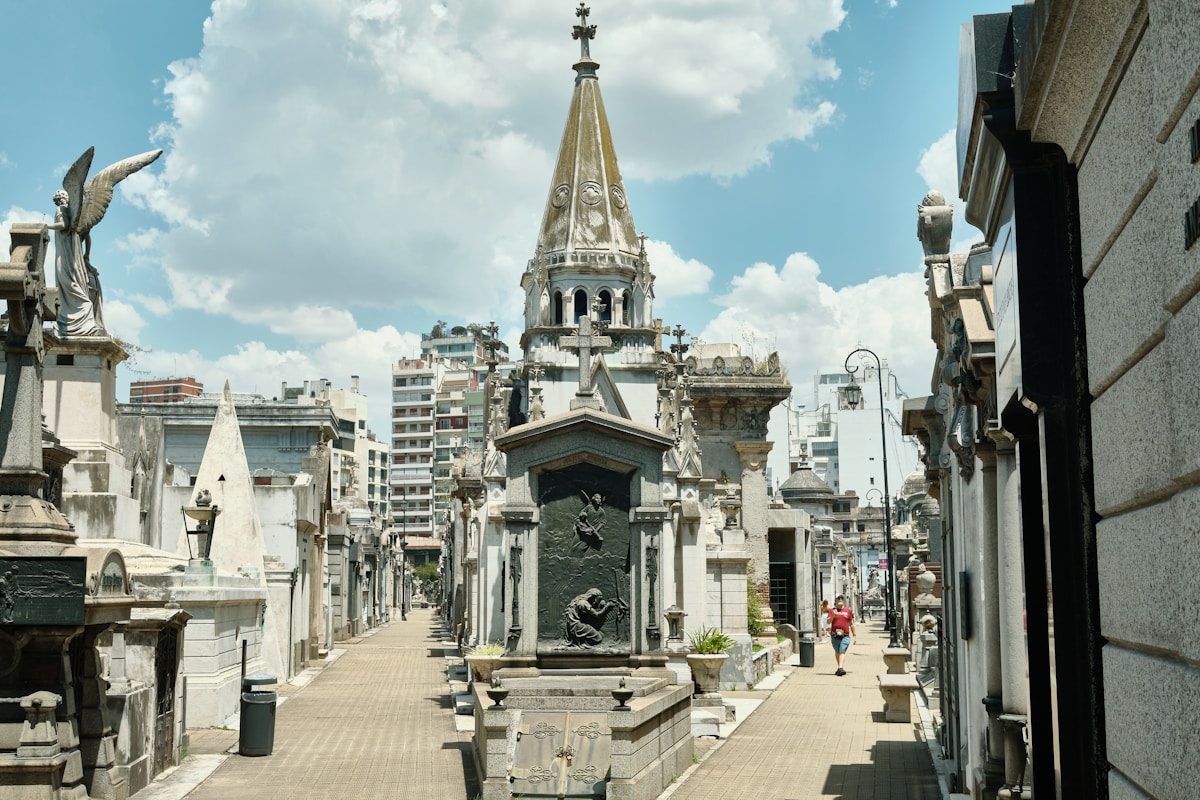 Ornate mausoleums and tall spire of Recoleta Cemetery, Buenos Aires, Argentina