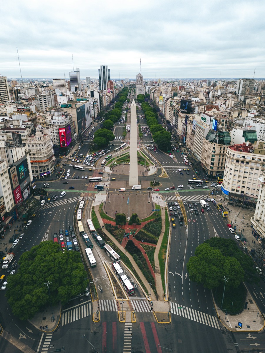 Aerial view of the Obelisco and Avenida 9 de Julio, Buenos Aires, Argentina