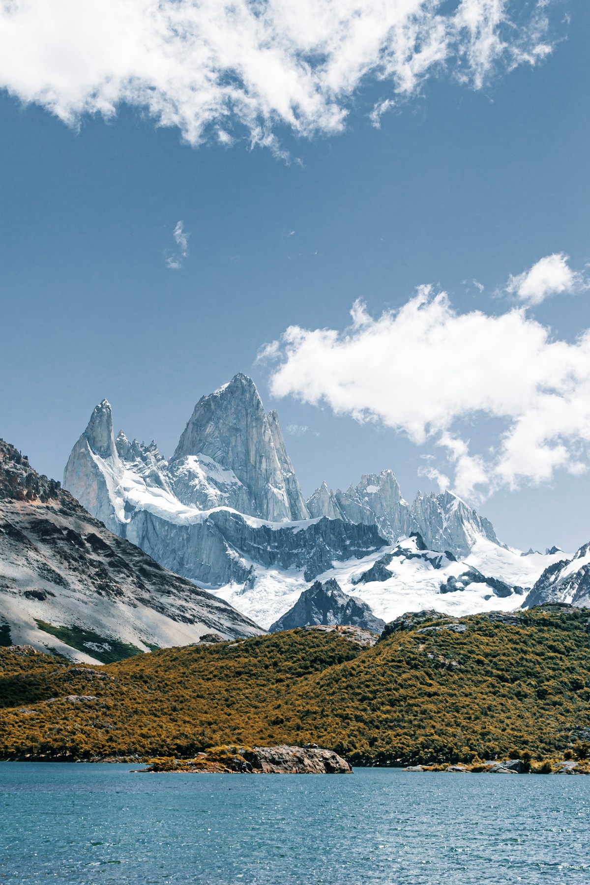 Fitz Roy massif rising above glacial lake in Patagonia, El Chaltén, Santa Cruz, Argentina