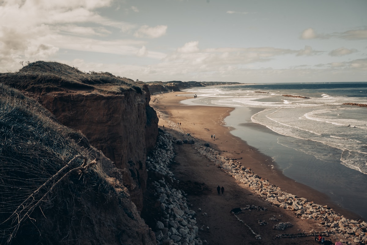Atlantic coast cliffs and sandy beach viewed from above near Mar del Plata, Argentina
