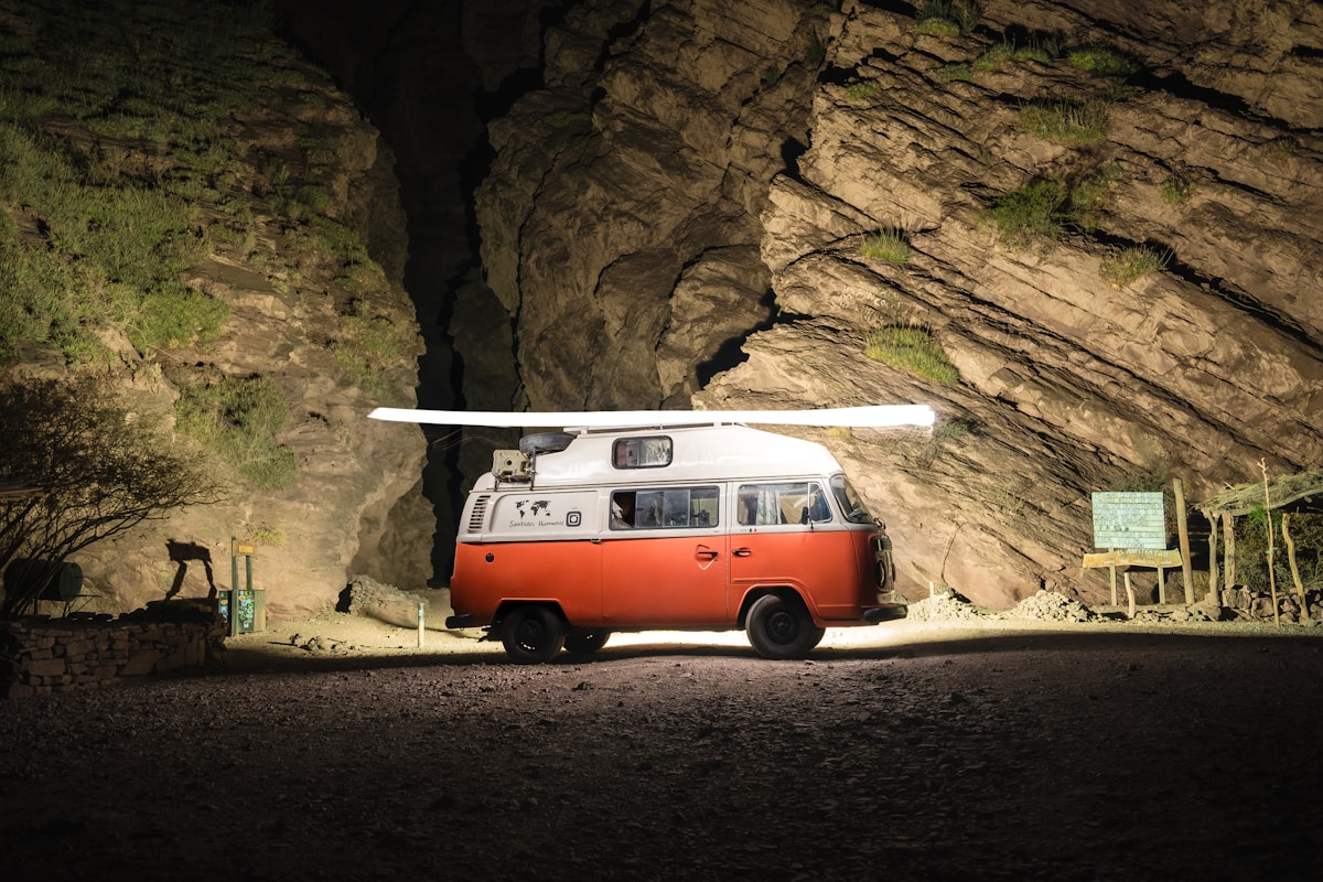 Vintage VW camper van at El Anfiteatro rock canyon, Salta Province, Argentina