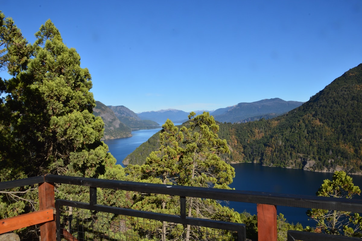 Lago Lácar and Andean mountains viewed from a wooden deck overlooking Patagonian forest, Argentina