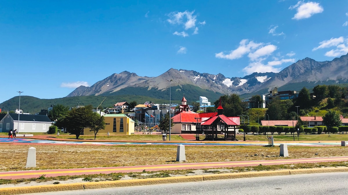 Ushuaia town centre with colourful buildings and Martial mountain range behind, Tierra del Fuego, Argentina