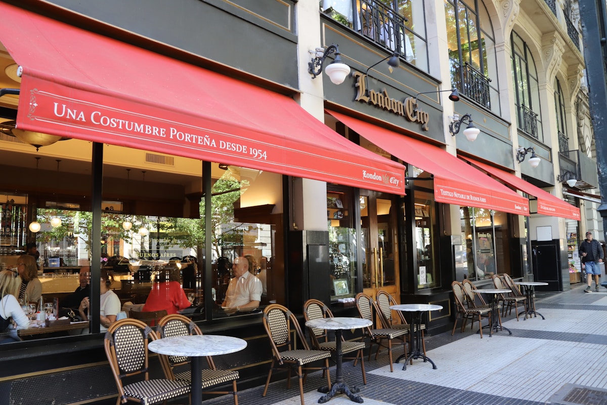 London City cafe with red awnings on a Buenos Aires street, a porteño institution since 1954