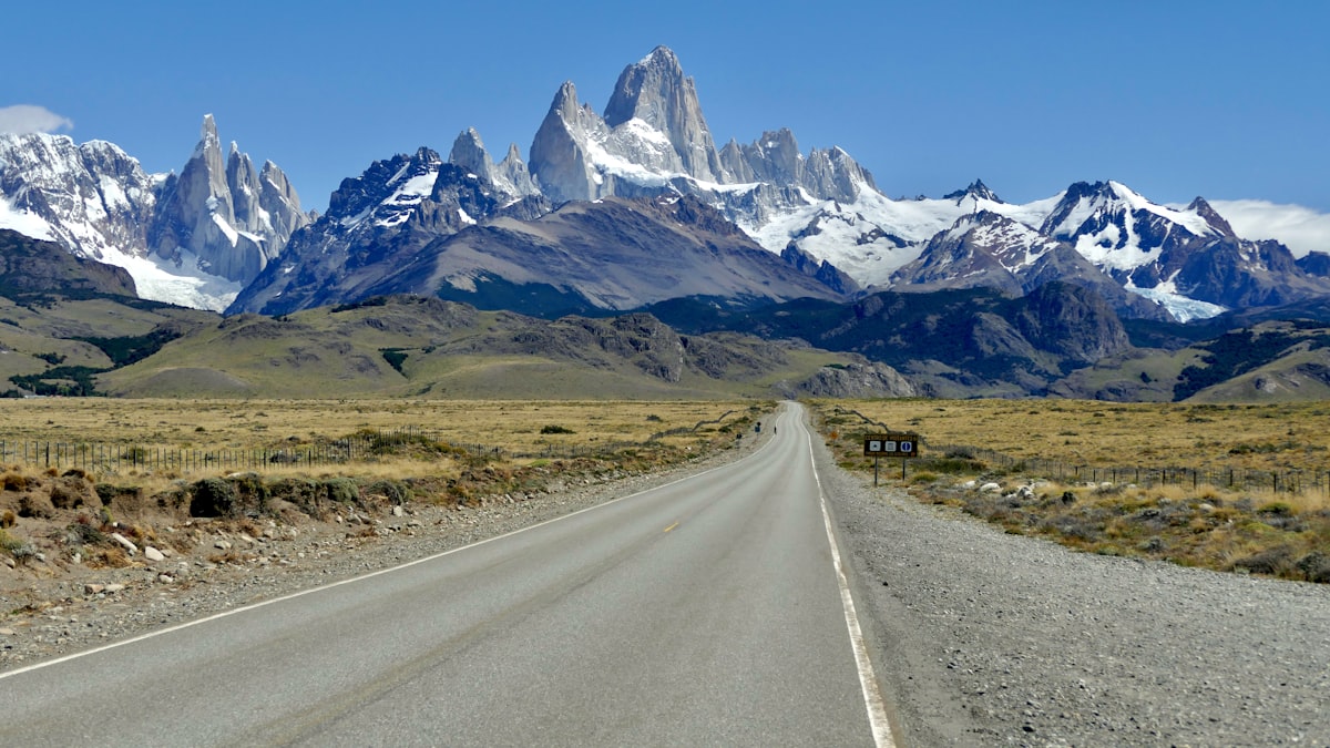Open road leading toward the Fitz Roy massif in Patagonia, El Calafate region, Argentina