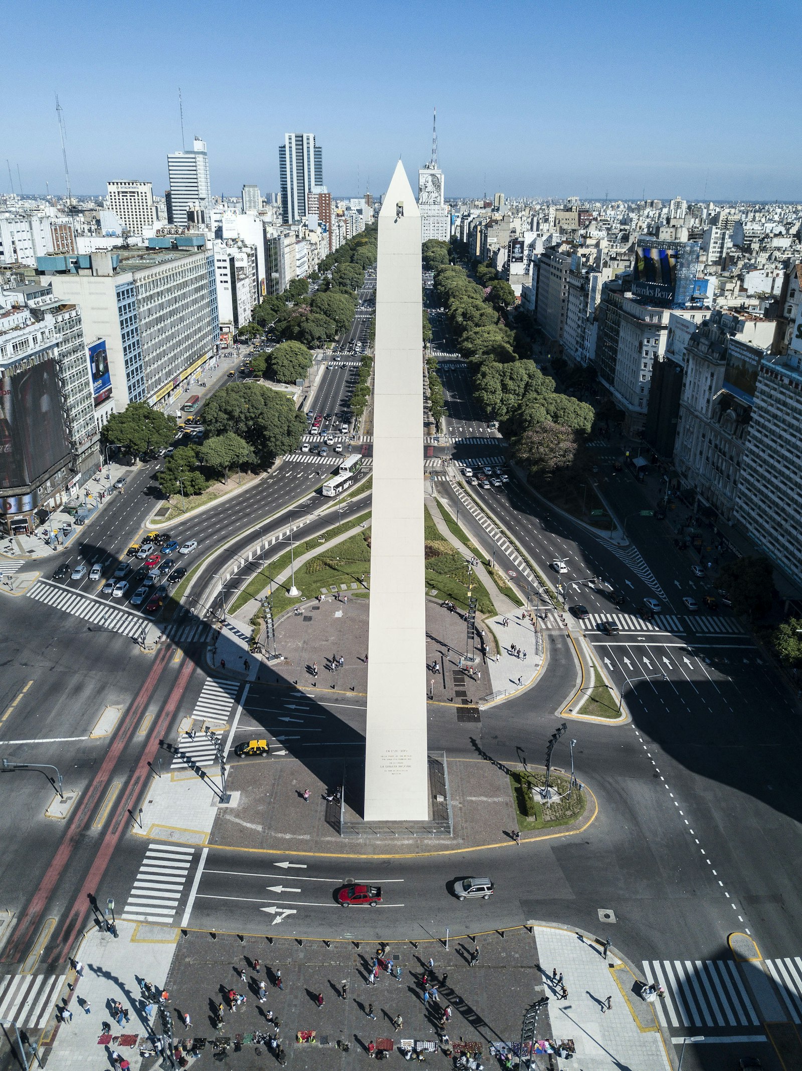 Aerial view of the Obelisco de Buenos Aires on Avenida 9 de Julio, Buenos Aires, Argentina