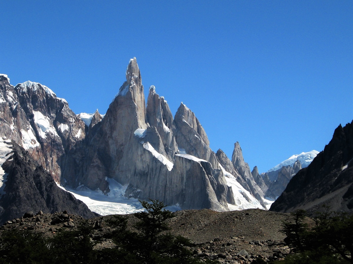 Patagonian steppe and mountain peaks on a clear day in Los Glaciares National Park
